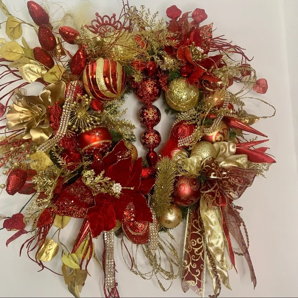 New Elegant Large Christmas Red Gold Sparkling Poinsettia Door Wall Wreath